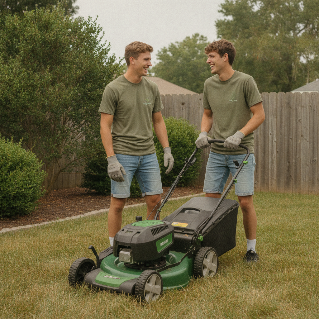 BoyznGalz crew members laughing beside a lawn mower in a Westpark backyard
