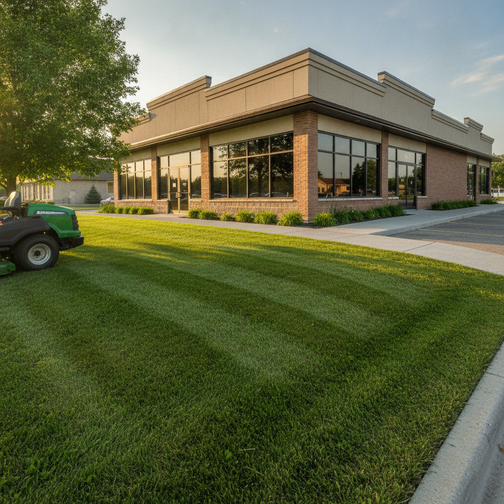 Clean, well-maintained commercial property exterior with freshly mowed grass and edged walkways