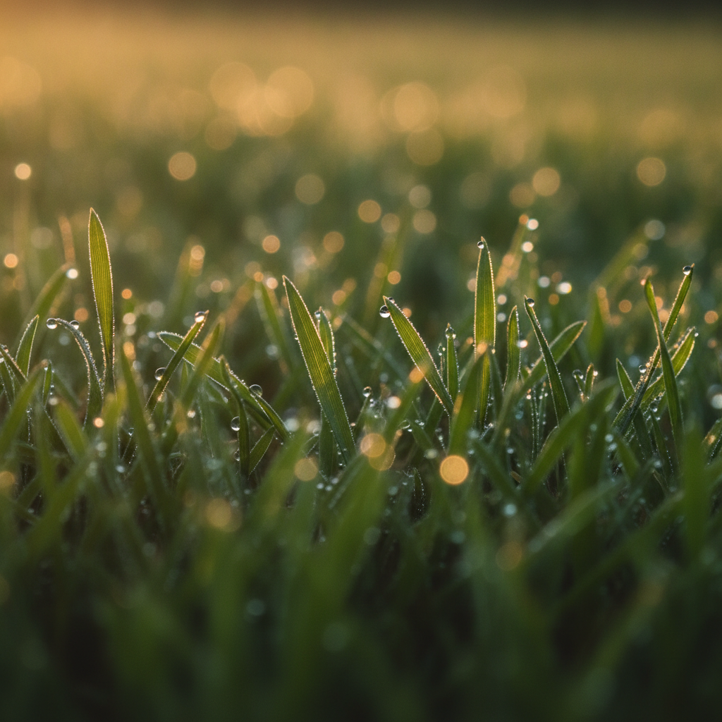 Close-up of freshly cut grass blades with morning dewdrops, shallow depth of field