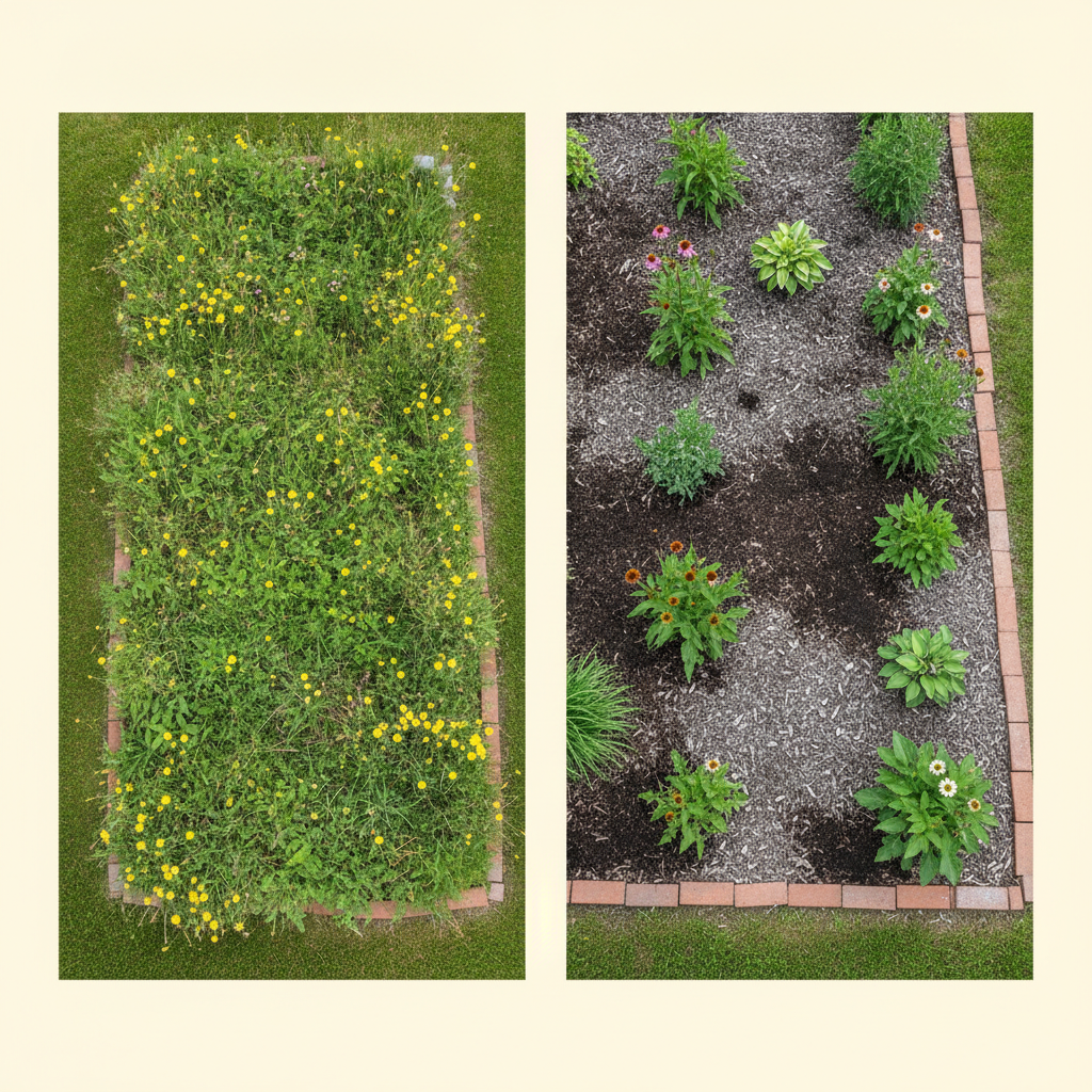 Garden bed before and after weeding — overgrown left, freshly mulched and cleaned right