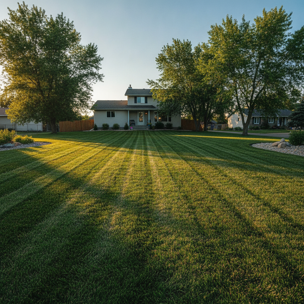 Freshly mowed residential lawn with crisp parallel stripe lines on a bright Saskatchewan summer morning